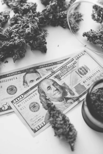 Erva Cbd Thc Botões Pote Fundo Branco Dinheiro Cannabis Mercado — Fotografia de Stock