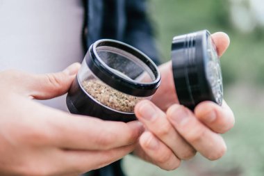 Esrar tomurcuğu ve öğütücü. Indica sağlık sigortası. Ot tomurcuklara yapışıyor. Sativa THC CBD. Kenevir doğa otu. Elde sigara piposu.