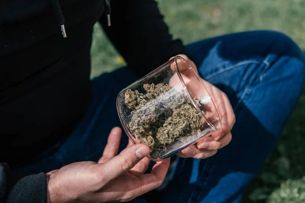 Doğal arka plan. Indica sağlık sigortası. Kenevir doğa tomurcuğu elimizde. Sativa THC CBD. Esrar otu tomurcuğu ve öğütücü.