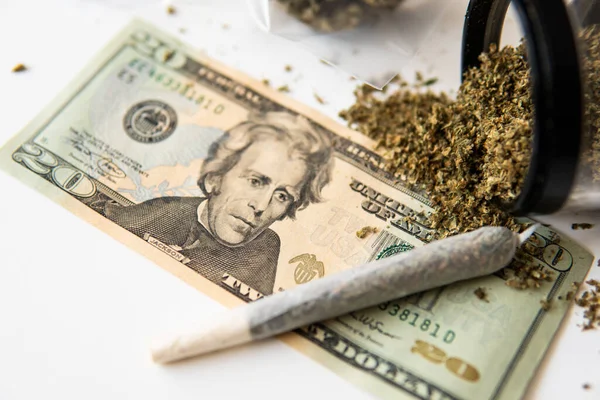 Cannabis money black market. White background. Sativa medical health. Marijuana bud and banknotes of dollars. Money weed. CBD THC herb. The pot buds. Cannabis in Economics.