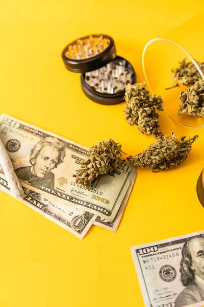 Money weed. Indica medical health. Marijuana bud and banknotes of dollars. Cannabis money black market. Joint weed. Cannabis in Economics. Sativa THC CBD. Vertical shot .