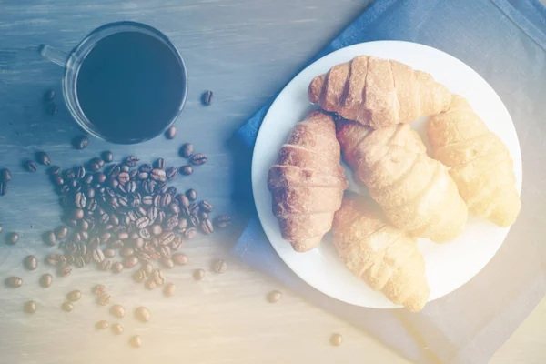 Coffee Cup Fresh Baked Croissants Wooden Background Top View — Stock Photo, Image