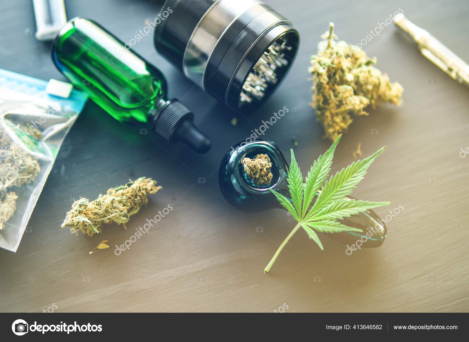 Marijuana Smoking Pipe Cbd Thc Buds Cannabis Stock Photo by