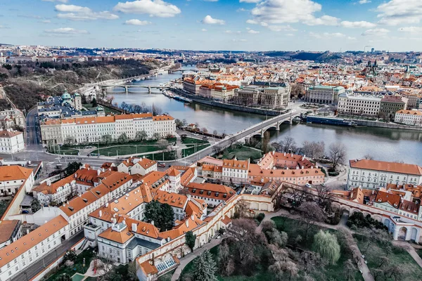 Charles Bridge over Vltava river. View of Prague. Detail of the Prague in the Old Town. Czech Republic . Aerial shot