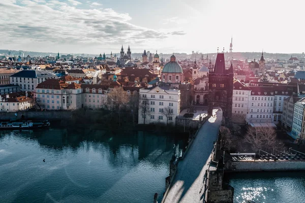 Charles Bridge over Vltava river. View of Prague. Detail of the Prague in the Old Town. Czech Republic . Aerial shot