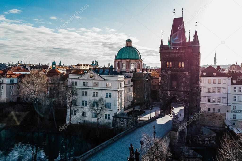 Charles Bridge over Vltava river. View of Prague. Detail of the Prague in the Old Town. Czech Republic . Aerial shot