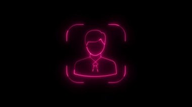 Parlak pembe ışıkta tarama çerçevesi olan parlak bir kullanıcı profili avatarının neon animasyonu, teknoloji, biyometri ve geleceksel tanımlama grafikleri için mükemmel.
