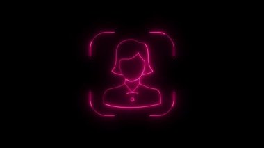 Dijital tanıma çerçevesinde parlayan bir kadın avatar ikonunun parlak neon pembe animasyonu, fütüristik 4k döngü arkaplanı ya da modern hareket grafik elementi olarak mükemmel.