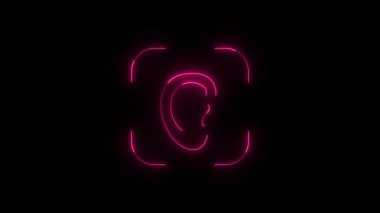 Tarama çerçevesinin içinde parlayan pembe bir kulağın canlı neon animasyonu, ses tanıma, dinleme ve ses teknolojisini sembolize ediyor. 4K içinde mükemmel döngü hareketi grafikleri arkaplanı.