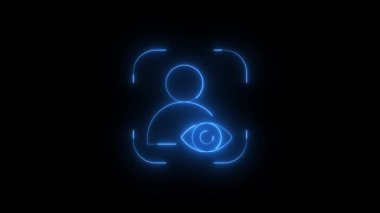 Bu animasyon, bir insan profili ve bir tarama çerçevesi içinde koyu bir arkaplan üzerine kurulmuş bir göz tasvir eden renkli neon ikonlarının bir setini içerir. Teknoloji ve güvenlik temaları için mükemmel bir döngü hareketi grafiği..