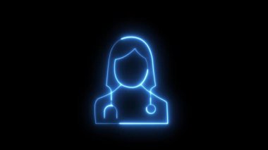 Dinamik bir 4K döngüsü. Her biri farklı neon ışıltısına sahip birden fazla kadın doktor simgesinin animasyonu. Modern tıp, sağlık ve bilimle ilgili video geçmişi veya hareket grafikleri için mükemmel.