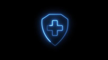 Döngüye giren bir neon mavi animasyon, sağlık, koruma, güvenlik ve modern sağlık hizmetleri kavramları için ideal, karanlık bir zemin üzerinde tıbbi bir haç içeren parlayan bir kalkan içerir..