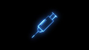 Bir şırınganın dinamik mavi neon çizimi, tıbbi, sağlık veya aşı içeriği için ideal karanlık bir zemin üzerinde parlayarak modern, döngülü ve soyut bir görsel içerik sunar..