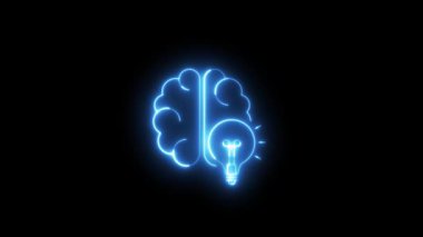 Parlayan neon beynin soyut bir döngüsü ve parlak pembe, mavi, yeşil ve kırmızı renkli ampul anahatları koyu bir arka planda, zekayı, yaratıcılığı ve yeni fikirleri sembolize eder..