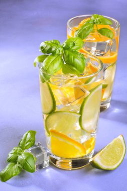 Portakal dilimleri ile su ve limon fesleğen ile detoks