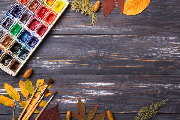 Set Artist Accessories Collection Autumn Leaves Canvas Painting Art Brushes — Stock Photo, Image