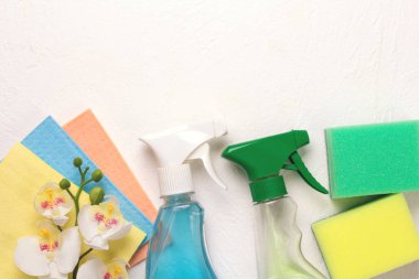 Temizlik seti. Temiz kadar bahar. Beyaz arka plan üzerinde