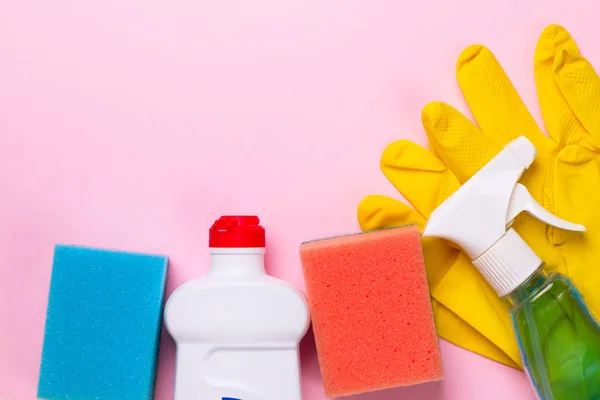 Cleaning set. Spring clean up. On pink background