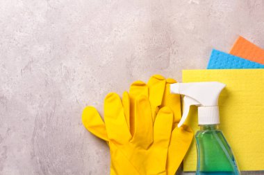 Temizlik seti. Temiz kadar bahar. Gri arka plan üzerinde