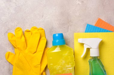 Temizlik seti. Temiz kadar bahar. Gri arka plan üzerinde