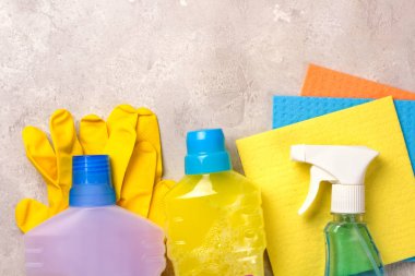 Temizlik seti. Temiz kadar bahar. Gri arka plan üzerinde