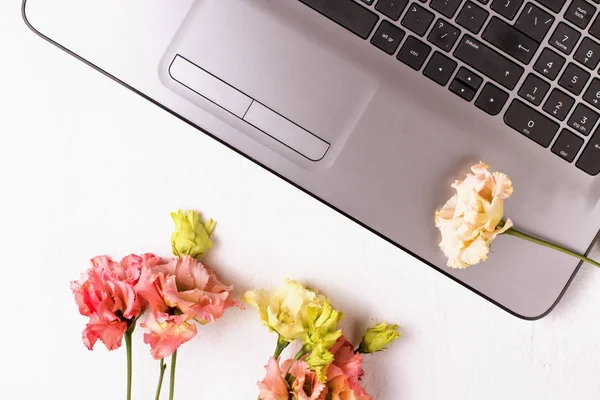 Laptop ve çiçeklerle dolu beyaz bir masa. Serbest İşyeri.
