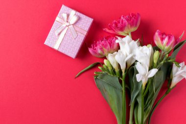Hediyelerle bahar çiçeği maketi. Kopya alanı ile çiçek kompozisyonu. Düz döşeme stili