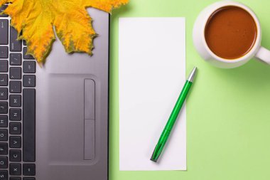 Yeşil arka planda sonbahar yapraklı bir dizüstü bilgisayar. Akçaağaç.