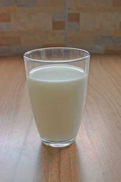 Closeup Glass Milk Wooden Table Stock Photo