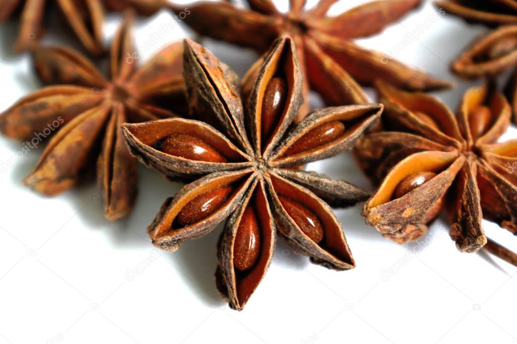Closeup of star anise on a white background