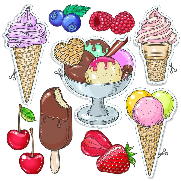 Ikony barevné dezert, zmrzlina, zmrzlina v poháru Vafle a různé bobule — Stockový vektor