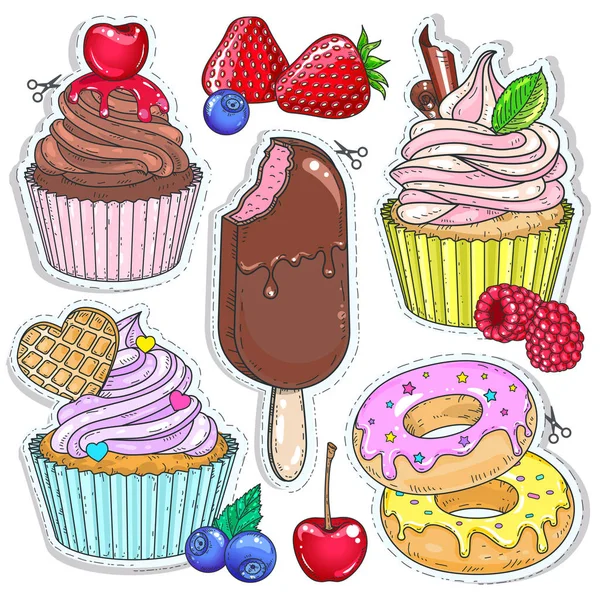 Vector ikonok színű cukorka, desszert, cupcakes, sütemény, fánk és bogyók — Stock Vector