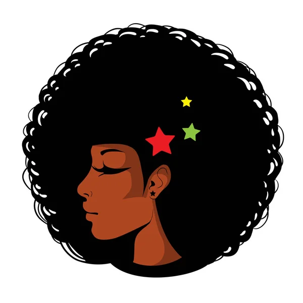 Ilustración brillante vectorial en el arte pop, cara femenina afroamericana. Perfil de mujer sexy con los ojos cerrados, peinado afro en pendientes grandes . — Archivo Imágenes Vectoriales