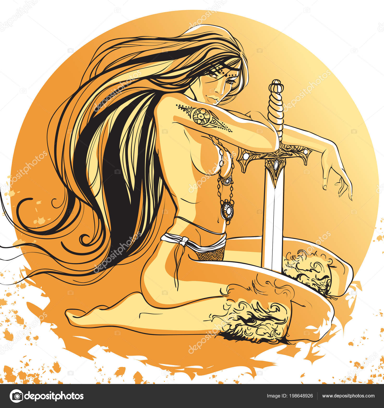 Vector illustration, croquis femme guerrière, fille Amazone aux cheveux longs et le tatouage, tenant l\u0027épée sur fond jaune \u2014 Vecteur par TashaDrik