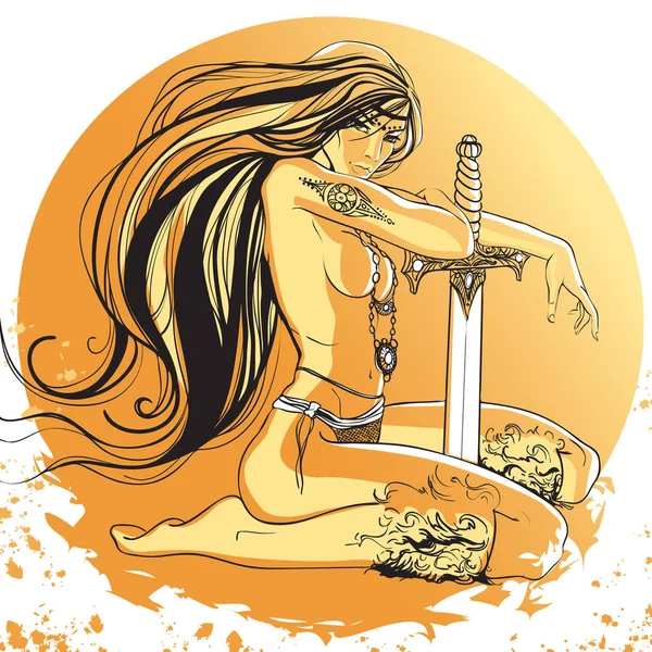 矢量插图女孩亚马逊与长发和纹身持有剑 — 图库矢量图片