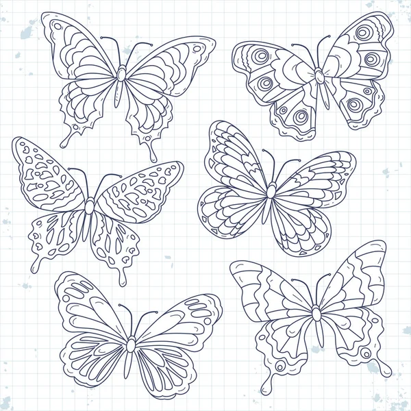 Vektor skiss ikoner, ange olika dekorativa fjärilar isolerade — Stock vektor