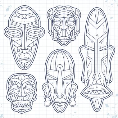 Vektör kroki simgeler, Afrika etnik kabile maskesi kümesi. Ritüel sembolleri.