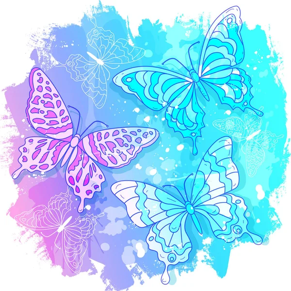 Vector aquarel tekenen, abstract gekleurde vlinders op de roze en blauwe achtergrond — Stockvector