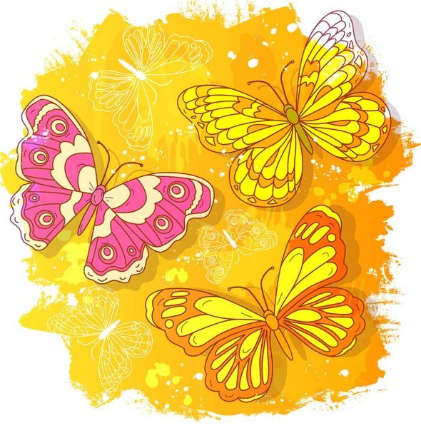Vector aquarel tekenen, abstract gekleurde vlinders op gele achtergrond — Stockvector