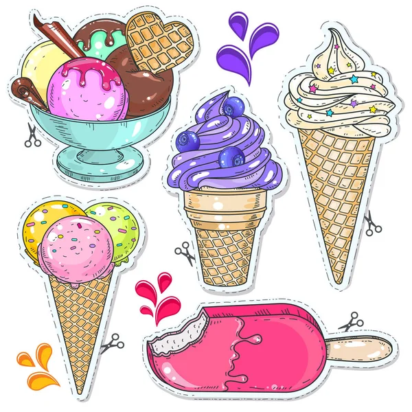 Bright cold desserts, soft ice cream in waffle cone and ice cream balls in cup — Stock Vector