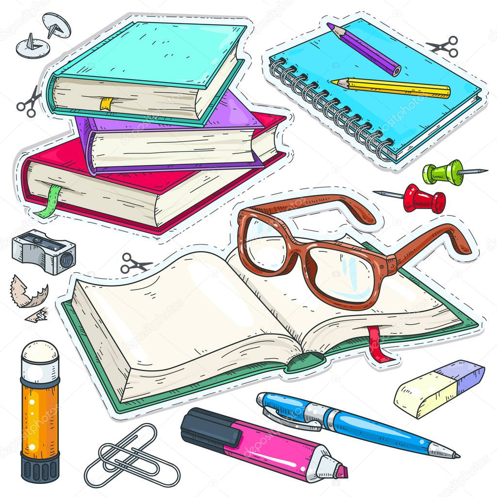 Vector icons colored stationery for school and student. Set for study, books, glasses, stationery.