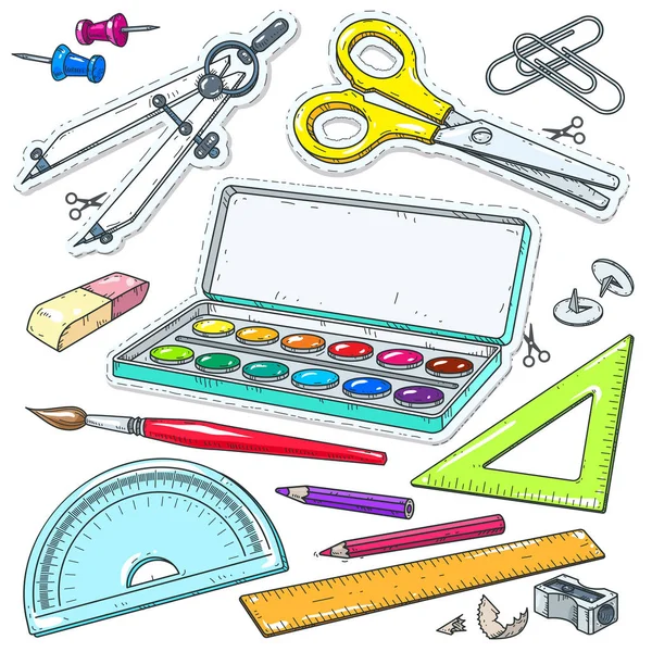 Vektör çizim. Çalışma, boya ve fırça, pusula, makas ve bir kalem için ayarla