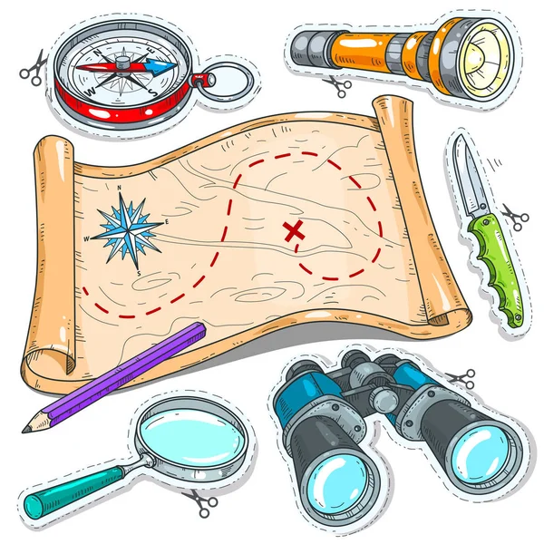 Ilustrație vectorială, icoane de călătorie autocolant colorat. Setați instrumente pentru călătoriile turistice . — Vector de stoc