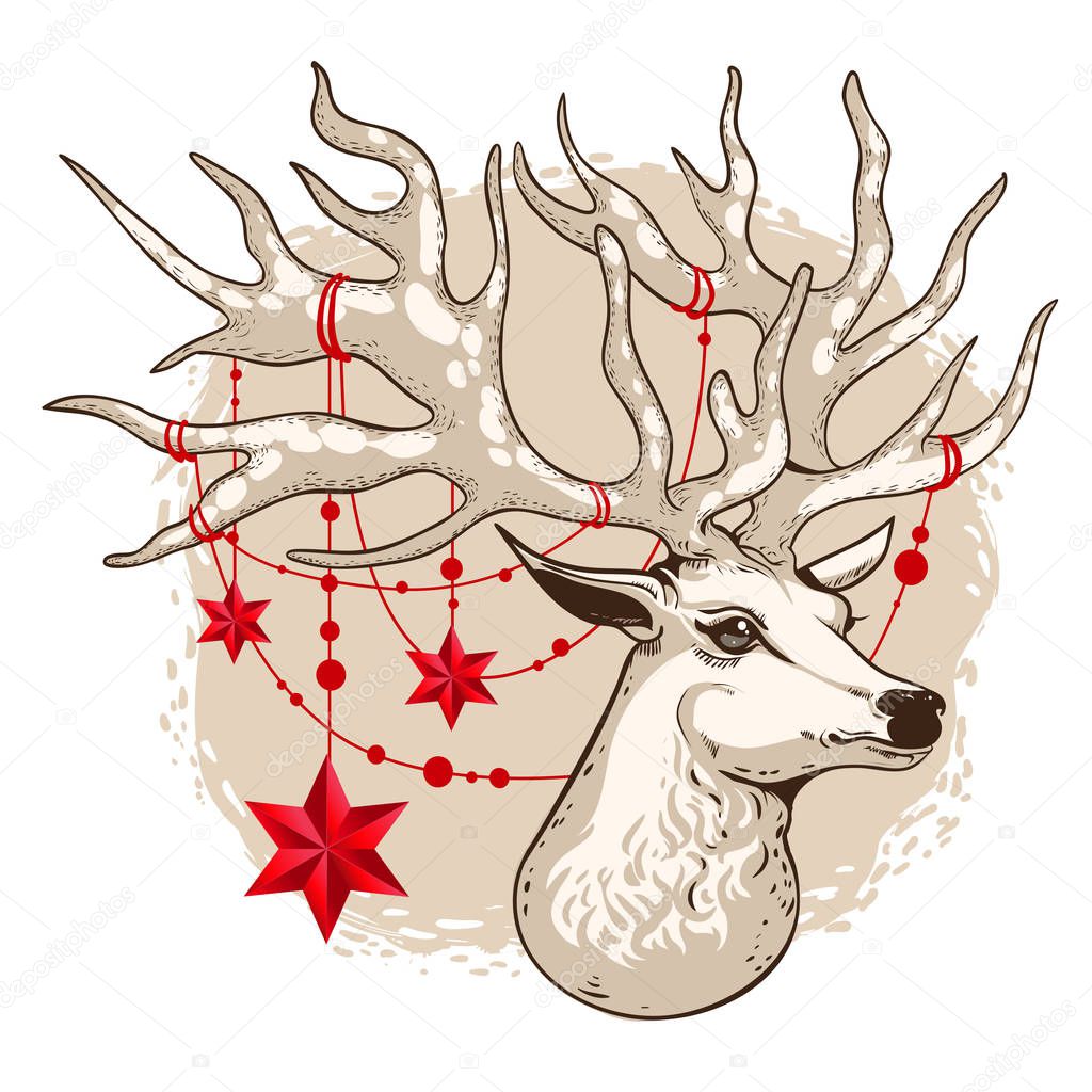 Vector illustration, holiday card, deer head with beautiful horns