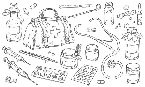 Медичні інструменти та лікарський мішок, таблетки та пляшки для медицини . — стоковий вектор