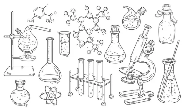 Conjunto de equipos vectoriales para experimentos químicos y médicos — Vector de stock
