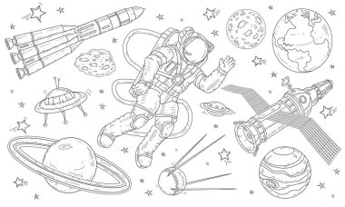 Gezegenler, uydular ve füzeler arasında uzayda uçan vektör çizim astronot.