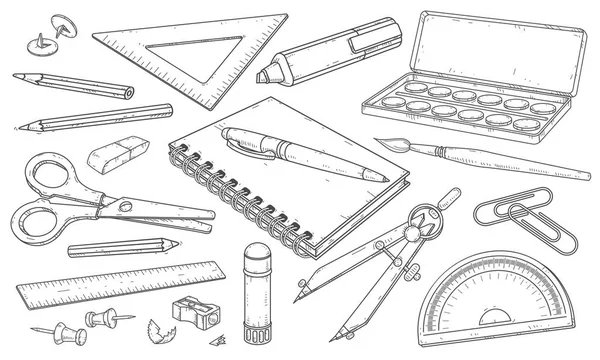 Articoli di cancelleria, materiali artistici, penne e matite da disegno a linee, illustrazione vettoriale disegnata — Vettoriale Stock