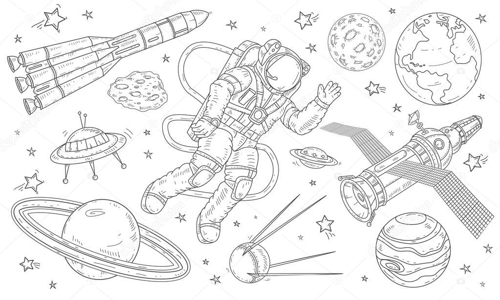 Vector illustration astronaut flying in space among the planets, satellites and missiles.