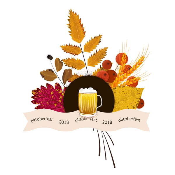 Banner für Oktoberfest mit Herbstblättern, Bierkrug und Spikes. — Stockvektor